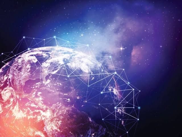 A stylized digital rendering of a global satellite network mesh overlaying a map of the Earth's surface.