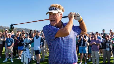 Will Ferrell in character as Lonnie Hawkins standing on a golf course while holding a club.