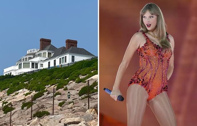Exterior view of Taylor Swift’s large historic mansion in Watch Hill, Rhode Island, with closed gates visible.