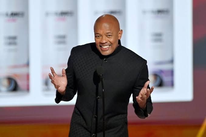 Dr. Dre speaking on stage at the 2025 BET Awards in Los Angeles.