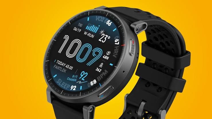The Amazfit Active Max smartwatch displaying workout data on its screen.