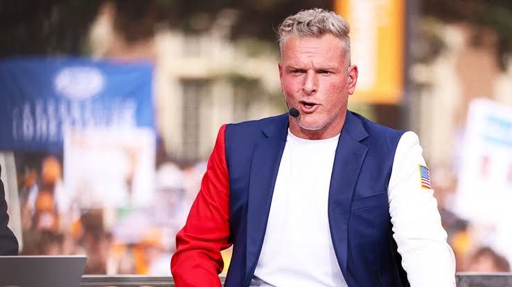 Pat McAfee speaking on set during a 2026 College GameDay broadcast.