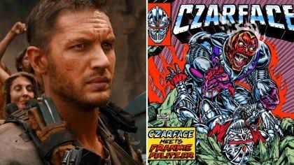 Tom Hardy posing with the Czarface duo, marking the release of their joint rap album.