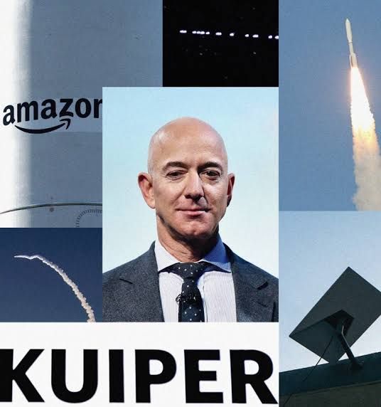Digital illustration of Amazon Project Kuiper satellites orbiting Earth as part of a global internet network.