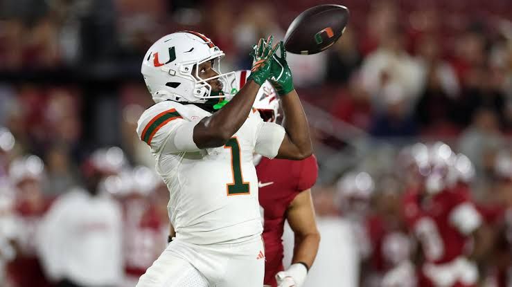 Miami Hurricanes receiver Malachi Toney running downfield during a game against Stanford in the 2026 season.