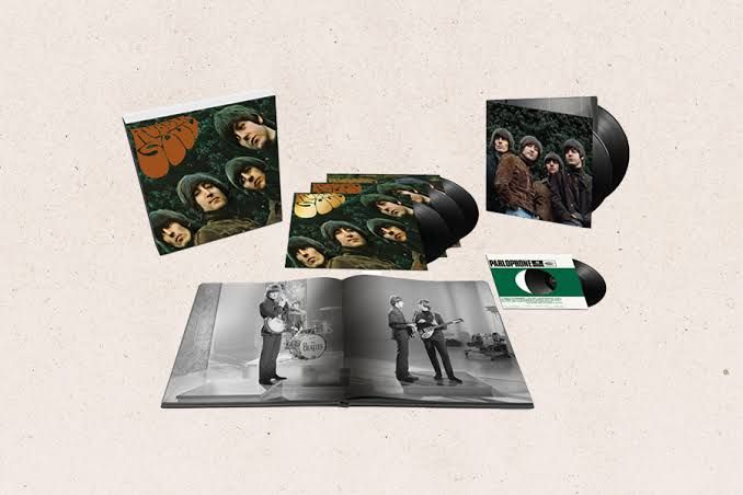 The Beatles Rubber Soul Super Deluxe Edition box set cover art and packaging displayed for pre-order.