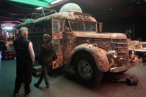 The colorful Furthur bus parked inside the Haight Street Art Center for the Grateful Dead exhibition.