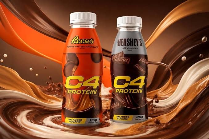 C4 Protein Shakes in Hershey’s and Reese’s flavors displayed on a store shelf in the United Kingdom.