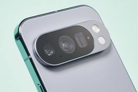 A close up view of a Google Pixel smartphone device showing the camera array and sleek design elements.