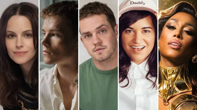 Emily Hampshire, Edvin Ryding, Robert Naylor, Sabrina Jalees, and Priyanka posing for a portrait.
