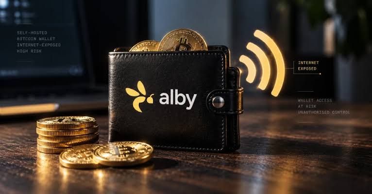 Close-up of a digital bitcoin wallet interface showing a critical security warning and update prompt for Alby Hub users.