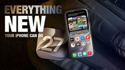 iPhone screen displaying the iOS 27 settings menu and new software features.