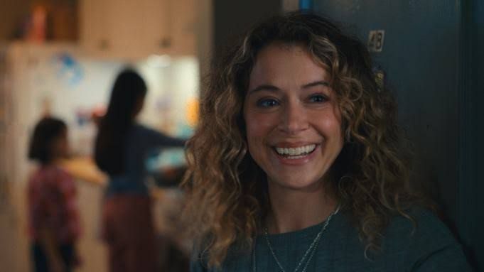 Tatiana Maslany portrays Paula in a tense scene from the Maximum Pleasure Guaranteed Season 1 finale on Apple TV.