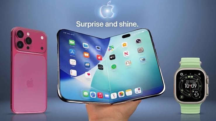 An iPhone 18 Pro and a foldable iPhone Ultra displayed next to an Apple Watch during a product reveal presentation.