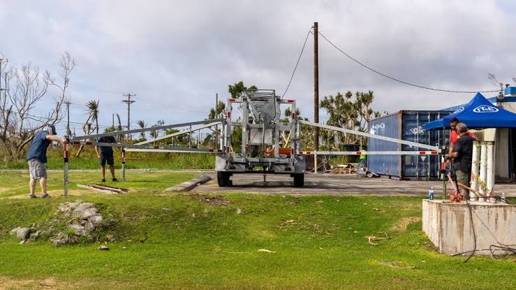 A mobile tower trailer deployed in Rota to provide public internet access following Super Typhoon Bavi destruction.