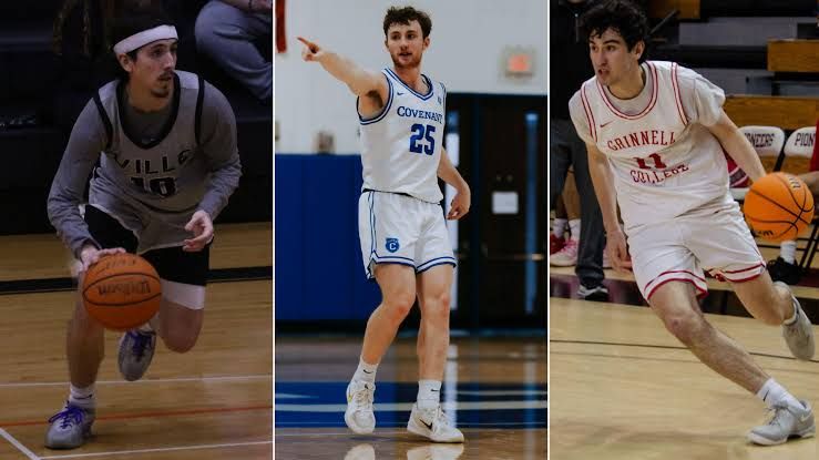 Grinnell and Greenville basketball players competing in a fast-paced game with heavy full-court pressure.