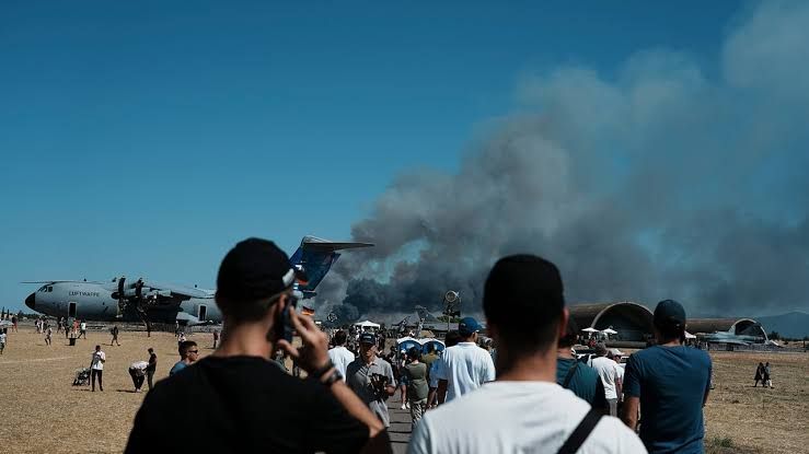 Smoke rises from the site of a crashed Hellenic Air Force F-4 Phantom fighter jet at Tanagra Air Base in Greece.