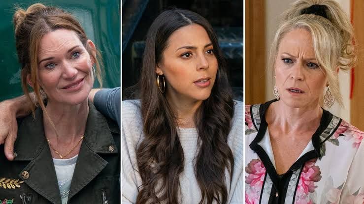 Gemma Hawkins, Nicola Mitchell, and George Knight standing together in a scene from EastEnders.