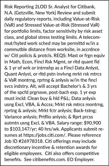 Citibank job posting advertisement listing a Risk Reporting Senior Analyst position in Getzville New York.