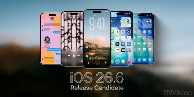 A stylized iOS 26.6 release candidate graphic displayed on a screen indicating software update availability.