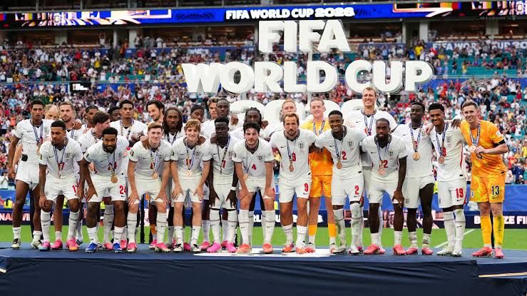 England players celebrate on the pitch in Miami after winning the 2026 World Cup third-place play-off against France.