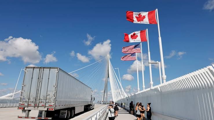 A truck drives across the Gordie Howe International Bridge connecting Windsor and Detroit during the trade dispute.