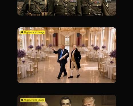 AI-generated image showing Donald Trump walking in the White House ballroom alongside a figure resembling George Washington.