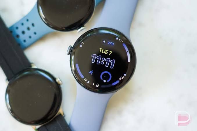 Google Pixel Watch 4 interface displayed on a high-resolution screen showing fitness tracking and navigation icons.