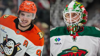 Leo Carlsson and Jesper Wallstedt stand together in official Swedish hockey gear for the 2027 All-Star Game.