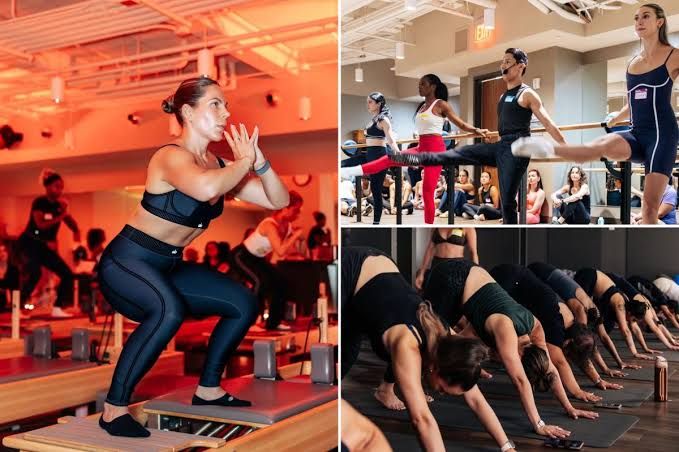 Three women in athletic wear perform reformer Pilates while a judge watches at Life Time Fitness in Manhattan.