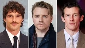 A composite image showing actors Jacob Elordi, Jack Lowden, and Callum Turner as potential candidates for James Bond.
