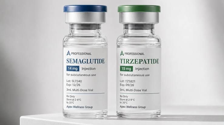 A clinical pharmacy setting displaying various vials and medicine bottles typically used in weight loss treatment.