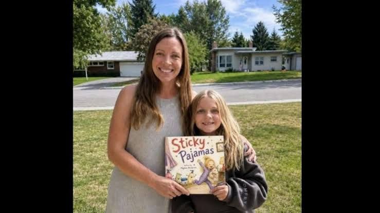 Meghan Anderson and her daughter Lyla, the inspiration for the book Sticky Pajamas, holding the new storybook.