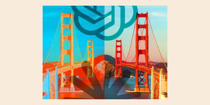 Aerial view of downtown San Francisco skyline with logos of OpenAI and Anthropic overlaid.