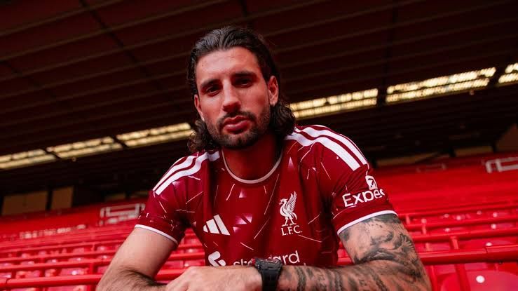 Dominik Szoboszlai signing his new long-term contract with Liverpool FC at Anfield stadium.