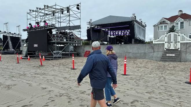 Stage setup at Sandcastle by the Sea mansion in Narragansett for the upcoming Maroon 5 birthday concert.