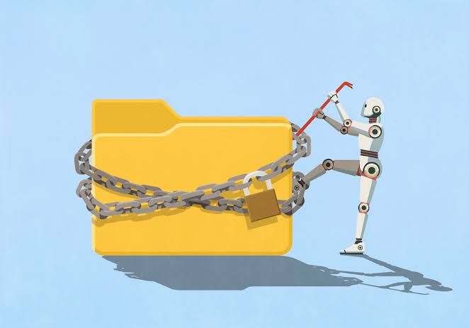Digital graphic of a robot arm attempting to break out of a locked server rack representing AI security breaches.