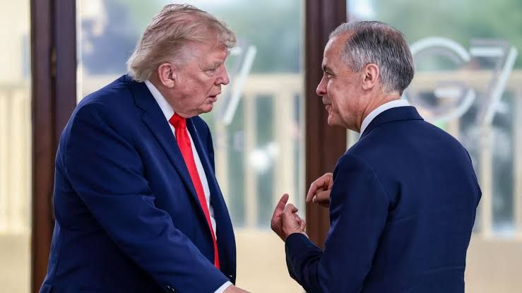 President Trump and PM Mark Carney speaking during a trade summit in France.