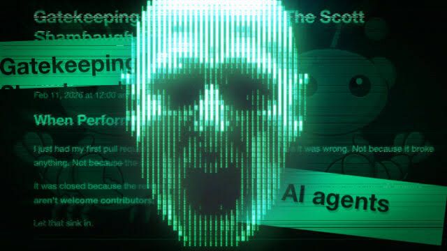 A stylized representation of an AI agent interface accessing code files on a server rack representing corporate network security.