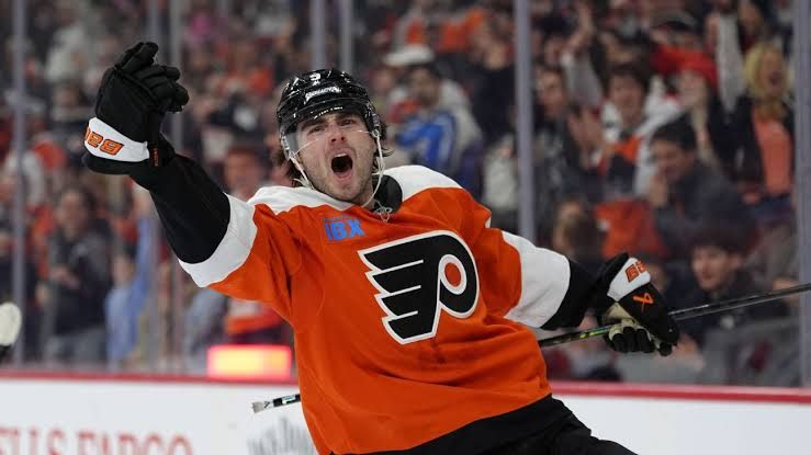 Philadelphia Flyers defenseman Jamie Drysdale skating during an NHL game.