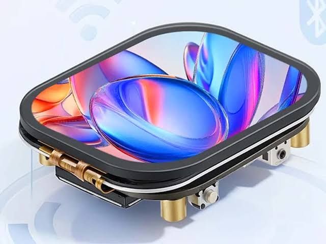 Elecrow CrowPanel 2.01-inch HMI display showing a custom smartwatch interface with a touch screen.