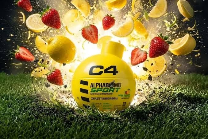 Cellucor C4 AlphaBomb Sport tub displayed on a clean background showing the Lightning Lemon Berry label branding.