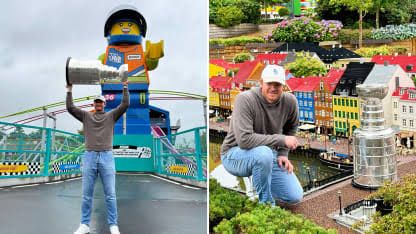 Frederik Andersen lifting the Stanley Cup in front of a large Lego figure at Legoland Billund.