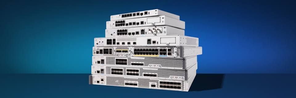 Cisco 8235 Secure Router displaying performance metrics including 98.3 percent threat blockage and 9.5 Gbps throughput.