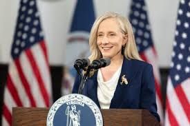 Governor Abigail Spanberger speaking during a press event in the Patrick Henry Building in Richmond.