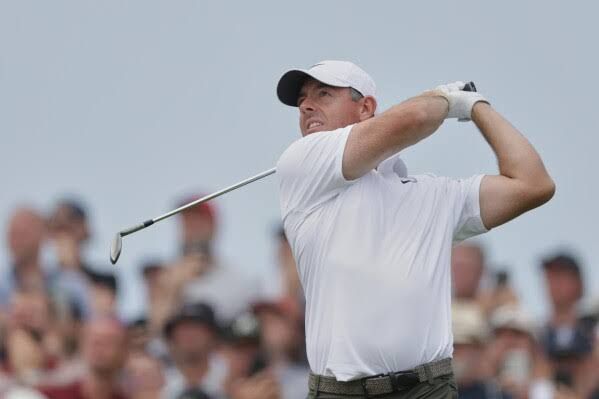 Rory McIlroy plays a tee shot during the third round of the British Open at Royal Birkdale in July 2026.
