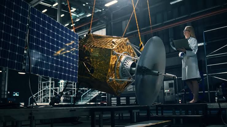A scientist examines a satellite component in a cleanroom laboratory setting.