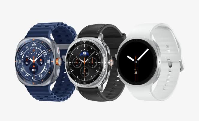 A selection of Galaxy Watch models displayed together in a promotional product lineup.