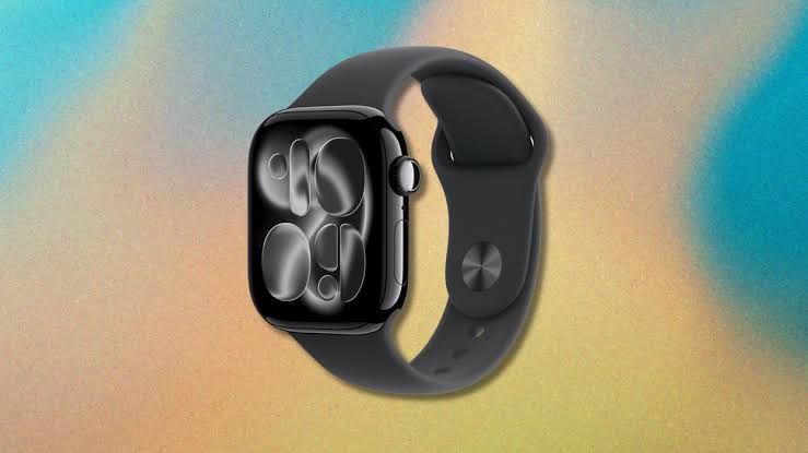 Apple Watch Series 11 on a blue and yellow grainy background.