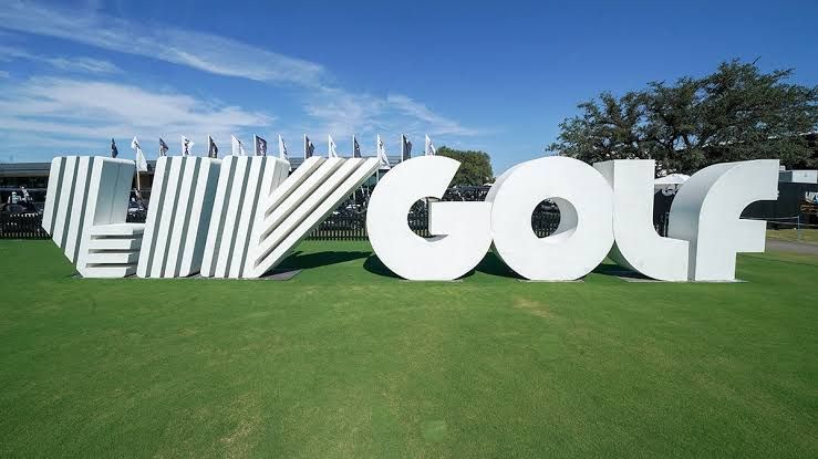 LIV Golf logo displayed near the first tee at a professional golf tournament course.